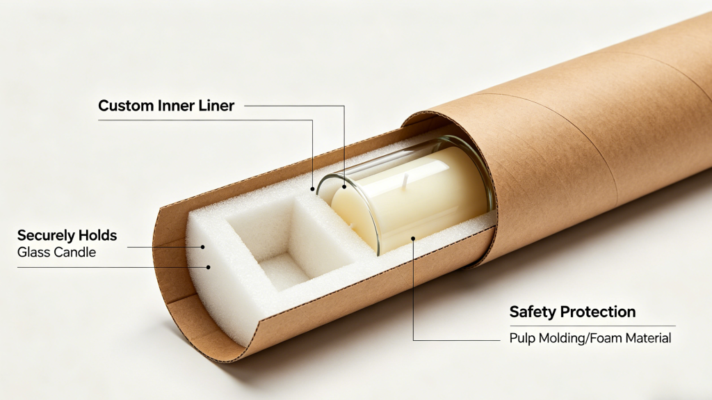 Protective insert inside paper tube for glass candle jar