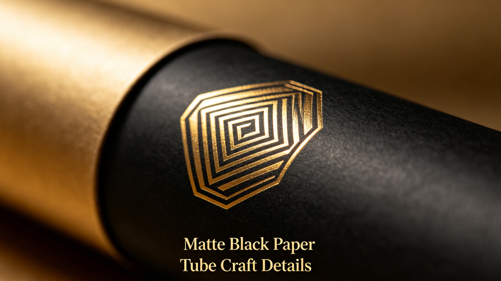 Close-up detail of a matte black paper tube with gold foil stamping and embossed geometric pattern for luxury brand packaging