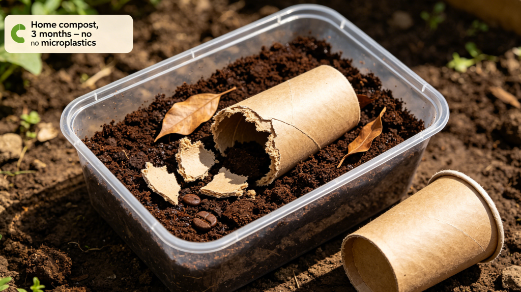 home compostable paper tube packaging partially degraded after three months showing no plastic residues