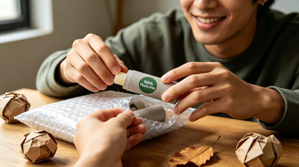 customer hands unboxing eco-friendly paper tube packaging with smile showing plastic-free seal