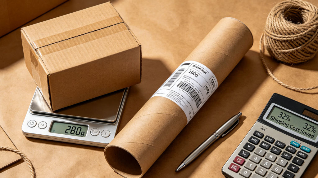 lightweight paper tube packaging on shipping scale showing lower weight compared to rigid box