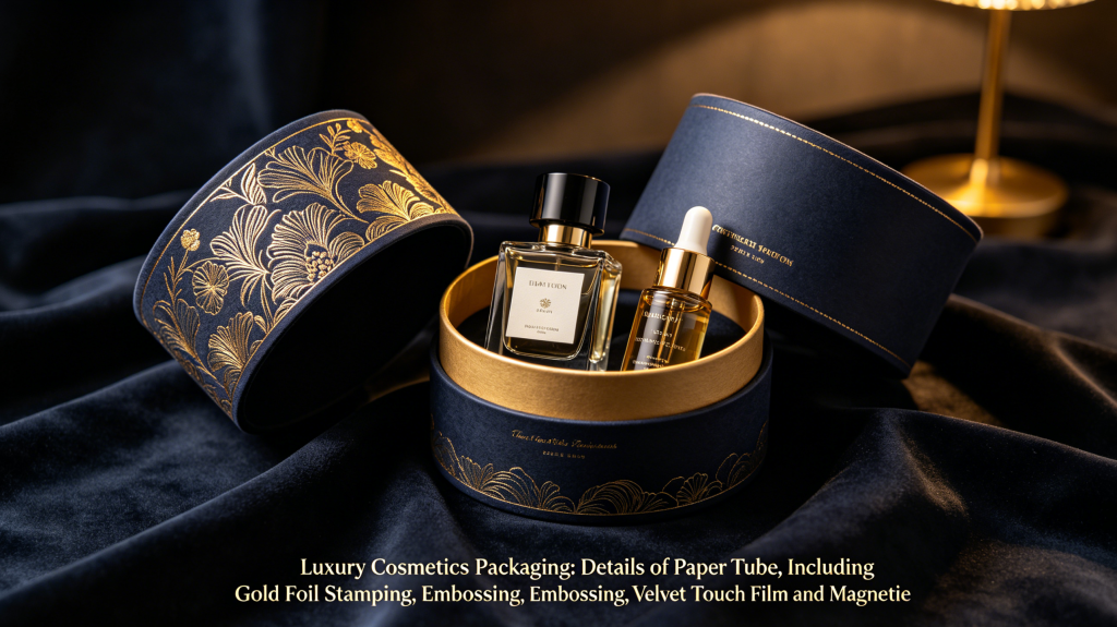 Luxury cosmetic paper tube packaging with embossed logo