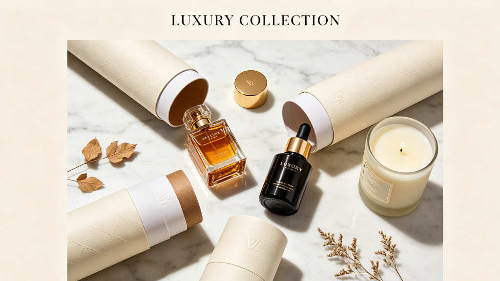Flat lay of luxury cosmetic and perfume products displayed beside open paper tube packaging on a marble surface