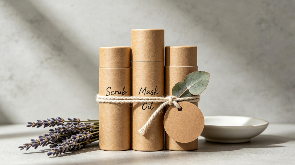 Gift set of cosmetic products in custom paper tubes with cotton ribbon and kraft label