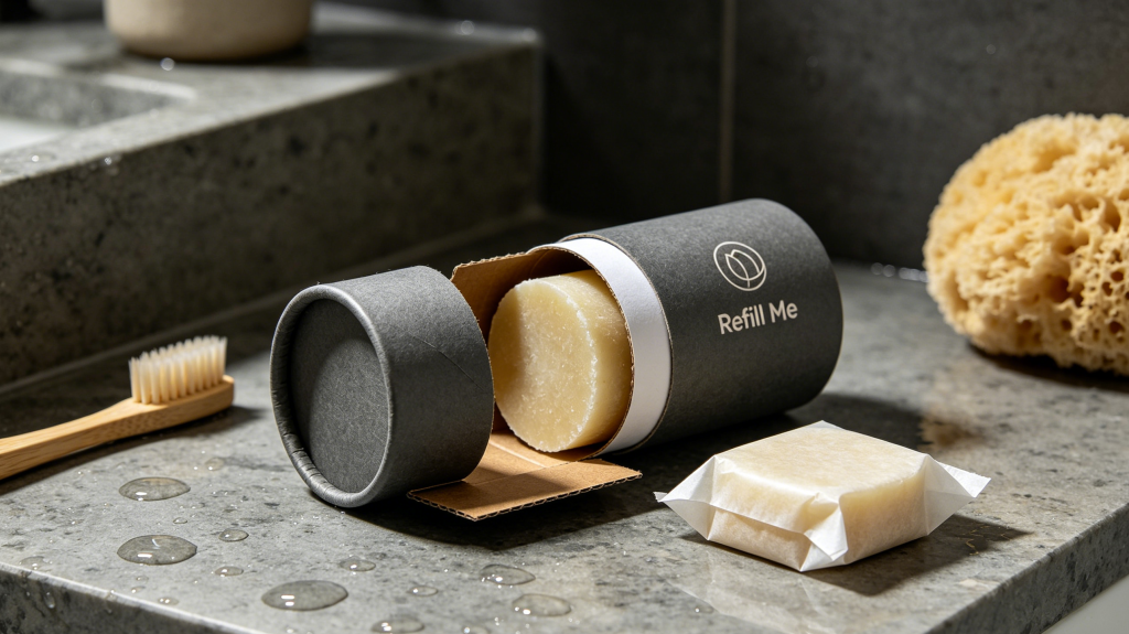 Refillable custom paper tube for solid shampoo bar with sliding base and eco label
