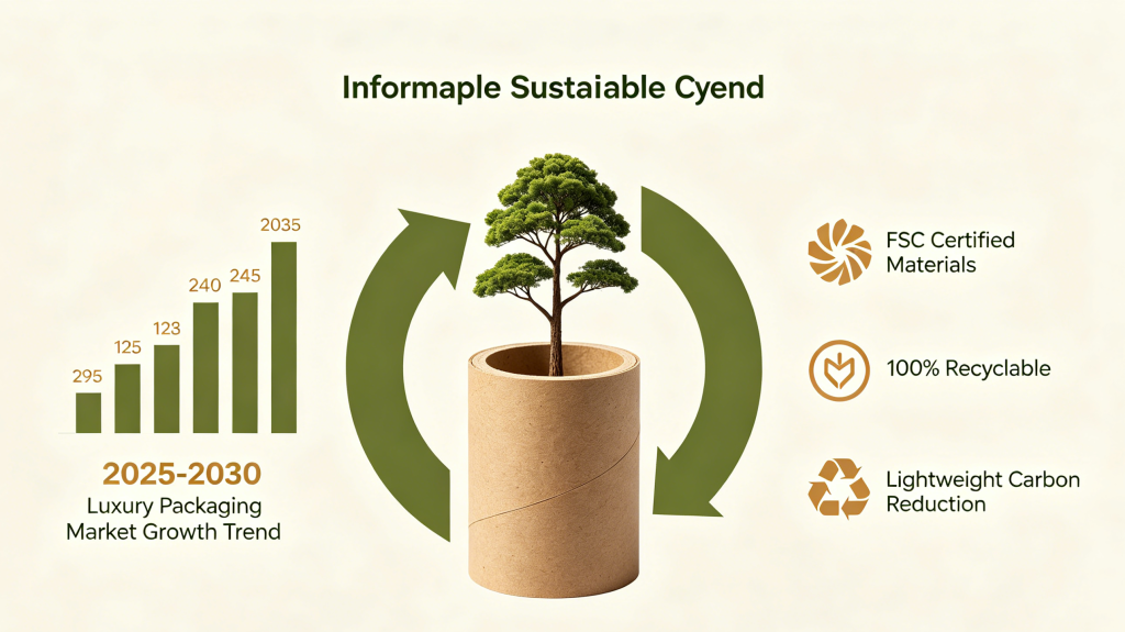  Infographic showing luxury packaging market growth from 14.58 billion in 2025 to 19.47 billion by 2030 and paper tube sustainability benefits
