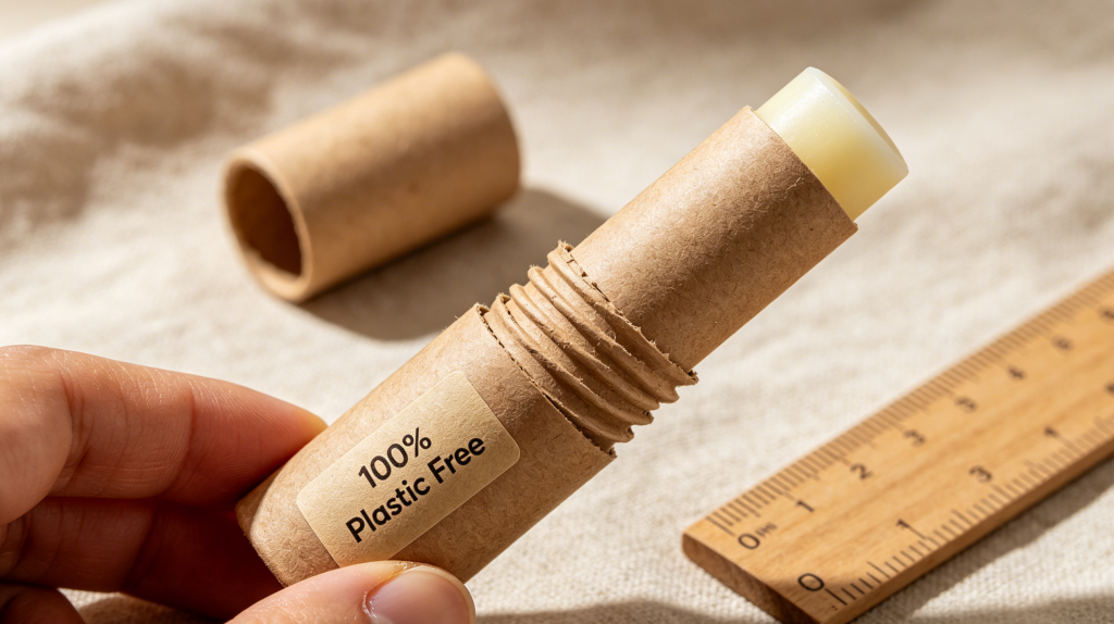 Close-up of a twist-up custom paper tube mechanism for lip balm, showing biodegradable cardboard structure