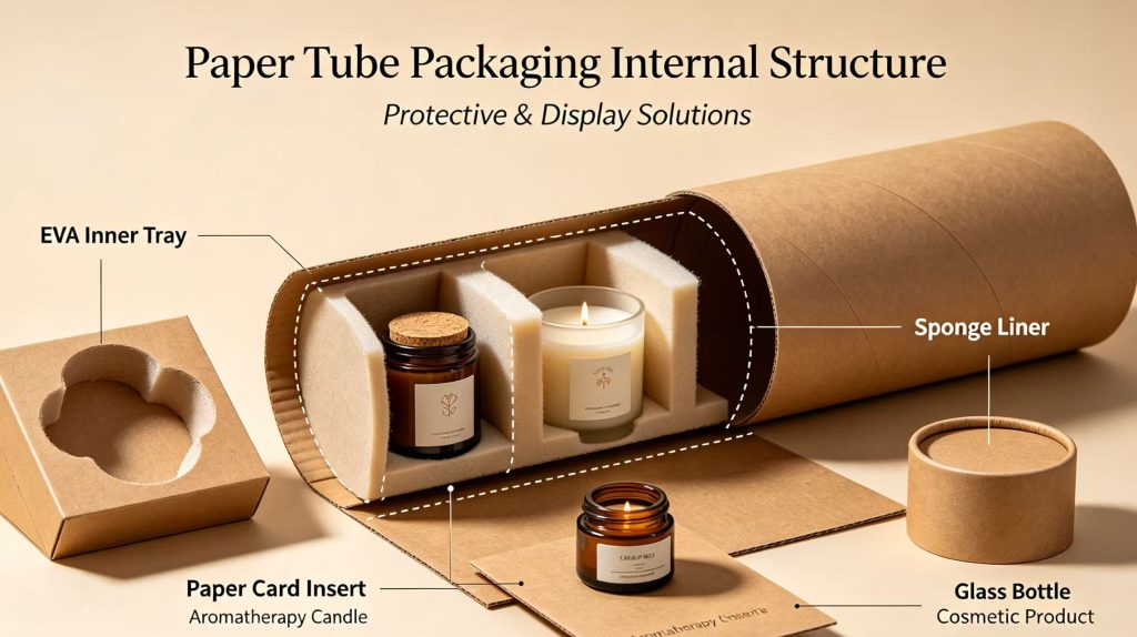 Custom paper tube packaging with protective insert structure for product safety