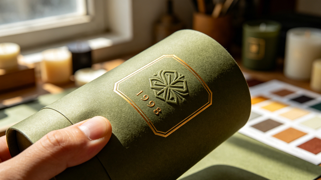  Close-up of embossed and foil stamped custom paper tube for candle brand
