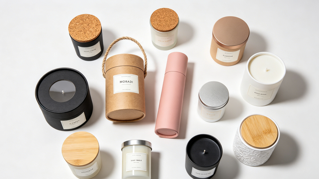 Collection of different sized custom paper tubes for candle brands in kraft, white, and black finishes