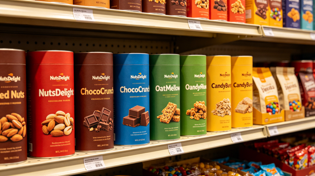 Custom Food Packaging Tubes on Retail Shelf