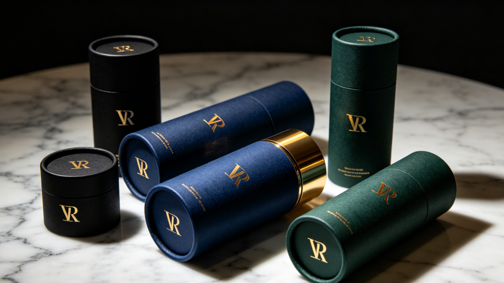Luxury custom paper tube packaging with foil stamping and embossing