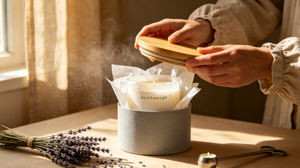 Customer hands lifting bamboo lid off custom paper tube candle packaging