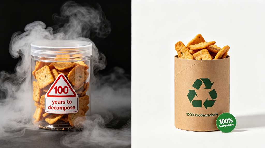 Comparison between kraft paper tube and traditional plastic container