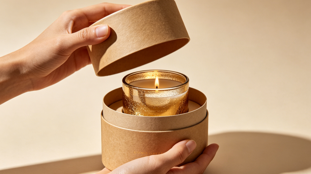 Premium candle unboxing experience with paper tube packaging